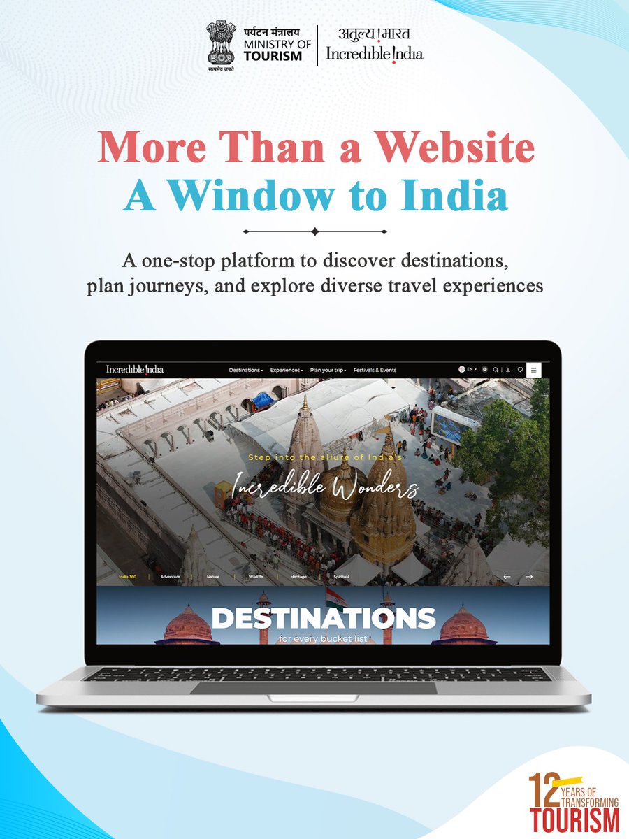 tourismgoi's tweet photo. Every journey begins with a question: Where next?
Over the 12 years, the Incredible India website has evolved into a gateway to India's countless travel stories, helping travellers discover new destinations.

#12YearsOfTransformingTourism #IncredibleIndia https://t.co/m7yCYif7nw