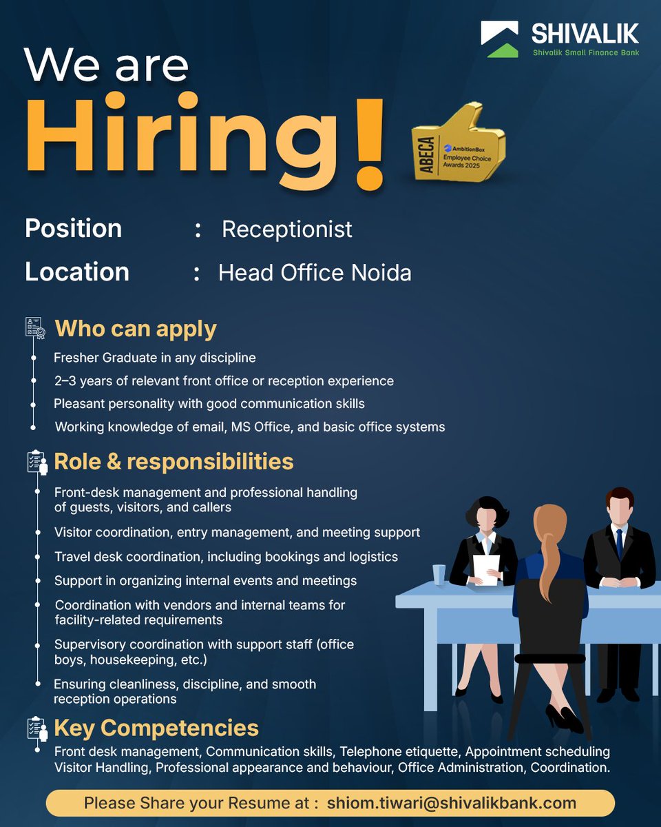 Shivalik_Bank's tweet photo. We Are Hiring!

Position: Receptionist

If you're interested in this exciting opportunity, please share your resume at shiom.tiwari@shivalikbank.com

#JobSearch #Jobhunt #JobOpening #Hiring #Jobs #Careers #jobseekers #ShivalikSmallFinanceBank https://t.co/CBVudpICUf