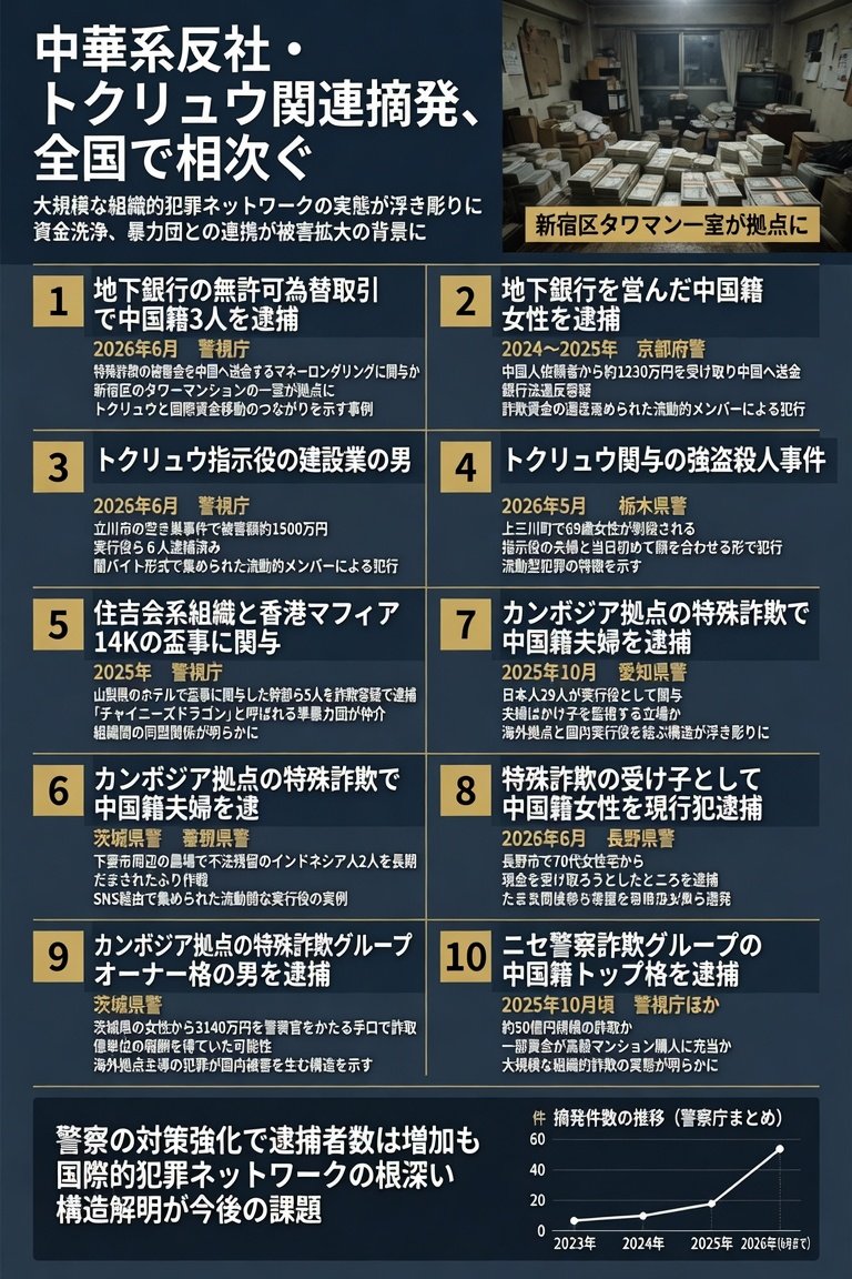 hasibiro_maga's tweet photo. 国内ニュースとして中華系反社やトクリュウ関連の摘発が全国で続いています。これらの事例は日本国内に大規模な組織的犯罪ネットワークが存在し経済的被害や社会的不安を引き起こしてきた実態を示しています。特に資金洗浄や暴力団との連携事例が規模の大きさを物語っています。

具体的な摘発��ースを10件挙げます。最初のケースは2026年6月に警視庁が中国籍の男性3人を地下銀行の無許可為替取引容疑で逮捕したものです。このグループは特殊詐欺の被害金を中国へ送金するマネーロンダリングに関与していた疑いがあり新宿区のタワーマンションの一室が拠点として使われていました。トクリュウのような流動型犯罪と国際資金移動のつながりを示す事例です。

次のケースは京都府警による中国籍女性の逮捕です。2024年から2025年にかけて中国人依頼者から約1230万円を受け取り中国へ送金する地下銀行を営んでいた疑いで銀行法違反容疑となりました。こうした地下銀行は詐欺資金の還流ルートとして機能していたとみられています。

三番目のケースは2026年6月に警視庁がトクリュウの指示役とみられる建設業の男を立川市の空き巣事件で逮捕したものです。被害額は約1500万円に上り実行役ら6人が既に逮捕されており闇バイト形式で集められた流動的なメンバーによる犯行でした。

四番目のケースは2026年5月に栃木県上三川町で起きた69歳女性���殺の強盗殺人事件です。トクリュウが関与したとみられ16歳の高校生ら実行役が逮捕されました。指示役の夫婦と当日初めて顔を合わせる形で犯行が行われた点が流動型犯罪の特徴を示しています。

五番目のケースは2025年に警視庁が山梨県のホテルで行われた住吉会系組織と香港マフィア14Kの盃事に関与した幹部ら5人を詐欺容疑で逮捕したものです。チャイニーズドラゴンと呼ばれる準暴力団が仲介役を務め組織間の同盟関係が明らかになりました。中華系犯罪組織と日本国内暴力団の連携を裏付ける事例です。

六番目のケースは茨城県下妻市周辺で起きた不法就労助長事件です。中国帰化の女性が農場で不法残留のインドネシア人2人を長期間就労させていたとして摘発されました。県が導入した通報報奨金制度の運用開始前後に摘発された事例で農���分野での違法労働インフラの実態を示しています。

七番目のケースは2025年10月に愛知県警がカンボジア拠点の特殊詐欺で指示役とみられる中国籍夫婦を逮捕したものです。日本人29人が実行役として関与した事件で夫婦はかけ子を監視する立場にあ���たとみられています。海外拠点と国内実行役を結ぶ構造が浮き彫りになりました。

八番目のケースは2026年6月に長野市で中国籍の38歳女性が特殊詐欺の受け子として現行犯逮捕されたものです。だまされたふり作戦により70代女性宅で現金を受け取ろうとしたところで捕まり詐欺未遂容疑となりました。流動的な実行役がSNS経由で集められる実例です。

九番目のケースはカンボジア拠点の特殊詐欺グループでオーナー格とみられる男が逮捕された事例です。茨城県の女性から3140万円を警察官をかたる手口で詐取した疑いで月に億単位の報酬を得ていた可能性が指摘されています。海外拠点主導の犯罪が国内被害を生む構造を示しています。

十番目のケースは2025年10月頃に警視庁などが関与したニセ警察詐欺グループの中国籍トップ格が逮捕された事例���す。約50億円規模の詐取が疑われ一部資金が高級マンション購入に充てられたとされ大規模な組織的詐欺の実態が明らかになりました。

これらの摘発は日本が国際的な犯罪ネットワークの活動場として利用され被害が積み重なってきたことを具体的に示しています。警察の対策強化により逮捕者数が増加した一方で根深い構造の解明が今後も求められます。