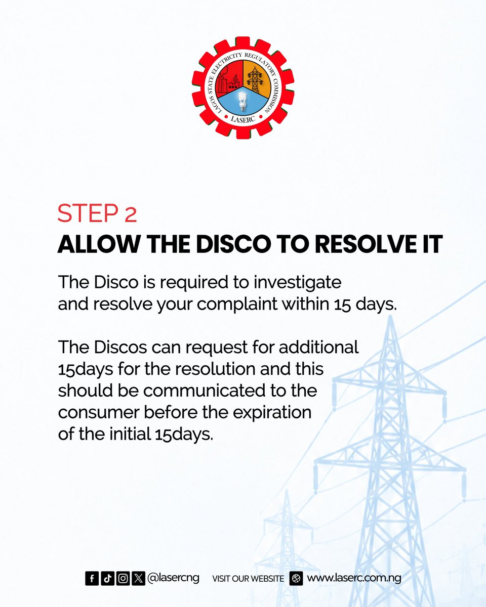 lasercng's tweet photo. Electricity service complaint?

Report it to your DisCo first and keep your SR Number/Ticket ID. If unresolved, escalate to LASERC.

📧 consumeraffairs@laserc.com.ng
📞 +234 916 934 6145

#LASERC #KnowYourRights #ElectricityConsumers https://t.co/N3hrGInJ83