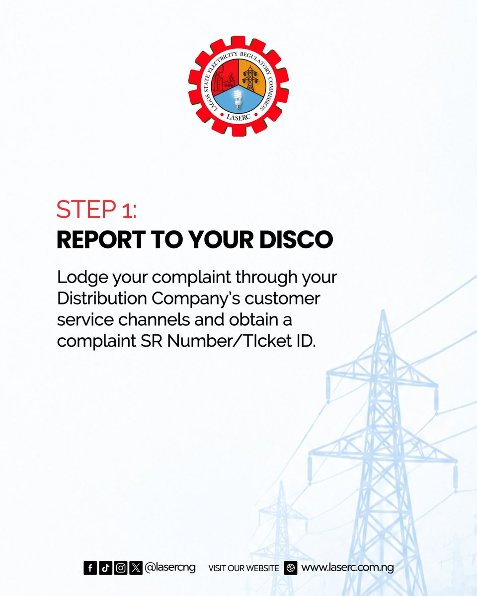 lasercng's tweet photo. Electricity service complaint?

Report it to your DisCo first and keep your SR Number/Ticket ID. If unresolved, escalate to LASERC.

📧 consumeraffairs@laserc.com.ng
📞 +234 916 934 6145

#LASERC #KnowYourRights #ElectricityConsumers https://t.co/N3hrGInJ83