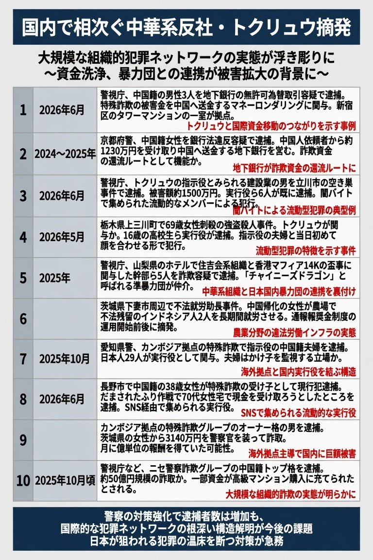hasibiro_maga's tweet photo. 国内ニュースとして中華系反社やトクリュウ関連の摘発が全国で続いています。これらの事例は日本国内に大規模な組織的犯罪ネットワークが存在し経済的被害や社会的不安を引き起こしてきた実態を示しています。特に資金洗浄や暴力団との連携事例が規模の大きさを物語っています。

具体的な摘発��ースを10件挙げます。最初のケースは2026年6月に警視庁が中国籍の男性3人を地下銀行の無許可為替取引容疑で逮捕したものです。このグループは特殊詐欺の被害金を中国へ送金するマネーロンダリングに関与していた疑いがあり新宿区のタワーマンションの一室が拠点として使われていました。トクリュウのような流動型犯罪と国際資金移動のつながりを示す事例です。

次のケースは京都府警による中国籍女性の逮捕です。2024年から2025年にかけて中国人依頼者から約1230万円を受け取り中国へ送金する地下銀行を営んでいた疑いで銀行法違反容疑となりました。こうした地下銀行は詐欺資金の還流ルートとして機能していたとみられています。

三番目のケースは2026年6月に警視庁がトクリュウの指示役とみられる建設業の男を立川市の空き巣事件で逮捕したものです。被害額は約1500万円に上り実行役ら6人が既に逮捕されており闇バイト形式で集められた流動的なメンバーによる犯行でした。

四番目のケースは2026年5月に栃木県上三川町で起きた69歳女性���殺の強盗殺人事件です。トクリュウが関与したとみられ16歳の高校生ら実行役が逮捕されました。指示役の夫婦と当日初めて顔を合わせる形で犯行が行われた点が流動型犯罪の特徴を示しています。

五番目のケースは2025年に警視庁が山梨県のホテルで行われた住吉会系組織と香港マフィア14Kの盃事に関与した幹部ら5人を詐欺容疑で逮捕したものです。チャイニーズドラゴンと呼ばれる準暴力団が仲介役を務め組織間の同盟関係が明らかになりました。中華系犯罪組織と日本国内暴力団の連携を裏付ける事例です。

六番目のケースは茨城県下妻市周辺で起きた不法就労助長事件です。中国帰化の女性が農場で不法残留のインドネシア人2人を長期間就労させていたとして摘発されました。県が導入した通報報奨金制度の運用開始前後に摘発された事例で農���分野での違法労働インフラの実態を示しています。

七番目のケースは2025年10月に愛知県警がカンボジア拠点の特殊詐欺で指示役とみられる中国籍夫婦を逮捕したものです。日本人29人が実行役として関与した事件で夫婦はかけ子を監視する立場にあ���たとみられています。海外拠点と国内実行役を結ぶ構造が浮き彫りになりました。

八番目のケースは2026年6月に長野市で中国籍の38歳女性が特殊詐欺の受け子として現行犯逮捕されたものです。だまされたふり作戦により70代女性宅で現金を受け取ろうとしたところで捕まり詐欺未遂容疑となりました。流動的な実行役がSNS経由で集められる実例です。

九番目のケースはカンボジア拠点の特殊詐欺グループでオーナー格とみられる男が逮捕された事例です。茨城県の女性から3140万円を警察官をかたる手口で詐取した疑いで月に億単位の報酬を得ていた可能性が指摘されています。海外拠点主導の犯罪が国内被害を生む構造を示しています。

十番目のケースは2025年10月頃に警視庁などが関与したニセ警察詐欺グループの中国籍トップ格が逮捕された事例���す。約50億円規模の詐取が疑われ一部資金が高級マンション購入に充てられたとされ大規模な組織的詐欺の実態が明らかになりました。

これらの摘発は日本が国際的な犯罪ネットワークの活動場として利用され被害が積み重なってきたことを具体的に示しています。警察の対策強化により逮捕者数が増加した一方で根深い構造の解明が今後も求められます。