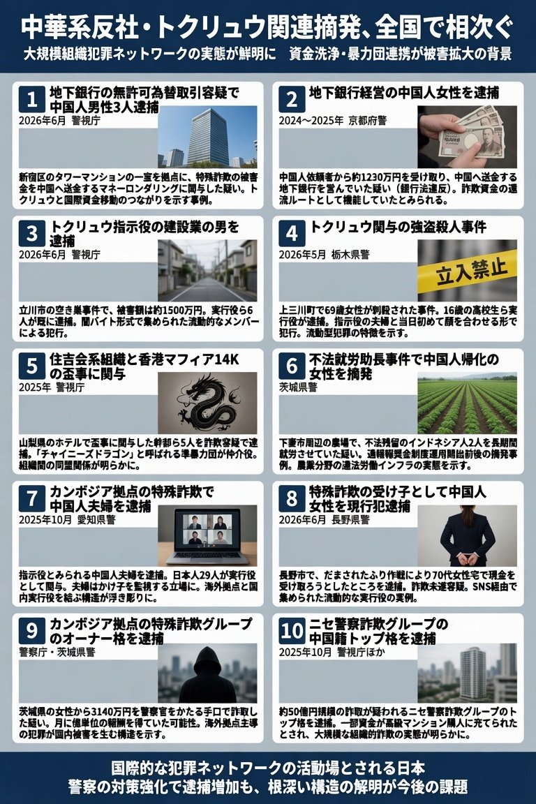 hasibiro_maga's tweet photo. 国内ニュースとして中華系反社やトクリュウ関連の摘発が全国で続いています。これらの事例は日本国内に大規模な組織的犯罪ネットワークが存在し経済的被害や社会的不安を引き起こしてきた実態を示しています。特に資金洗浄や暴力団との連携事例が規模の大きさを物語っています。

具体的な摘発��ースを10件挙げます。最初のケースは2026年6月に警視庁が中国籍の男性3人を地下銀行の無許可為替取引容疑で逮捕したものです。このグループは特殊詐欺の被害金を中国へ送金するマネーロンダリングに関与していた疑いがあり新宿区のタワーマンションの一室が拠点として使われていました。トクリュウのような流動型犯罪と国際資金移動のつながりを示す事例です。

次のケースは京都府警による中国籍女性の逮捕です。2024年から2025年にかけて中国人依頼者から約1230万円を受け取り中国へ送金する地下銀行を営んでいた疑いで銀行法違反容疑となりました。こうした地下銀行は詐欺資金の還流ルートとして機能していたとみられています。

三番目のケースは2026年6月に警視庁がトクリュウの指示役とみられる建設業の男を立川市の空き巣事件で逮捕したものです。被害額は約1500万円に上り実行役ら6人が既に逮捕されており闇バイト形式で集められた流動的なメンバーによる犯行でした。

四番目のケースは2026年5月に栃木県上三川町で起きた69歳女性���殺の強盗殺人事件です。トクリュウが関与したとみられ16歳の高校生ら実行役が逮捕されました。指示役の夫婦と当日初めて顔を合わせる形で犯行が行われた点が流動型犯罪の特徴を示しています。

五番目のケースは2025年に警視庁が山梨県のホテルで行われた住吉会系組織と香港マフィア14Kの盃事に関与した幹部ら5人を詐欺容疑で逮捕したものです。チャイニーズドラゴンと呼ばれる準暴力団が仲介役を務め組織間の同盟関係が明らかになりました。中華系犯罪組織と日本国内暴力団の連携を裏付ける事例です。

六番目のケースは茨城県下妻市周辺で起きた不法就労助長事件です。中国帰化の女性が農場で不法残留のインドネシア人2人を長期間就労させていたとして摘発されました。県が導入した通報報奨金制度の運用開始前後に摘発された事例で農���分野での違法労働インフラの実態を示しています。

七番目のケースは2025年10月に愛知県警がカンボジア拠点の特殊詐欺で指示役とみられる中国籍夫婦を逮捕したものです。日本人29人が実行役として関与した事件で夫婦はかけ子を監視する立場にあ���たとみられています。海外拠点と国内実行役を結ぶ構造が浮き彫りになりました。

八番目のケースは2026年6月に長野市で中国籍の38歳女性が特殊詐欺の受け子として現行犯逮捕されたものです。だまされたふり作戦により70代女性宅で現金を受け取ろうとしたところで捕まり詐欺未遂容疑となりました。流動的な実行役がSNS経由で集められる実例です。

九番目のケースはカンボジア拠点の特殊詐欺グループでオーナー格とみられる男が逮捕された事例です。茨城県の女性から3140万円を警察官をかたる手口で詐取した疑いで月に億単位の報酬を得ていた可能性が指摘されています。海外拠点主導の犯罪が国内被害を生む構造を示しています。

十番目のケースは2025年10月頃に警視庁などが関与したニセ警察詐欺グループの中国籍トップ格が逮捕された事例���す。約50億円規模の詐取が疑われ一部資金が高級マンション購入に充てられたとされ大規模な組織的詐欺の実態が明らかになりました。

これらの摘発は日本が国際的な犯罪ネットワークの活動場として利用され被害が積み重なってきたことを具体的に示しています。警察の対策強化により逮捕者数が増加した一方で根深い構造の解明が今後も求められます。