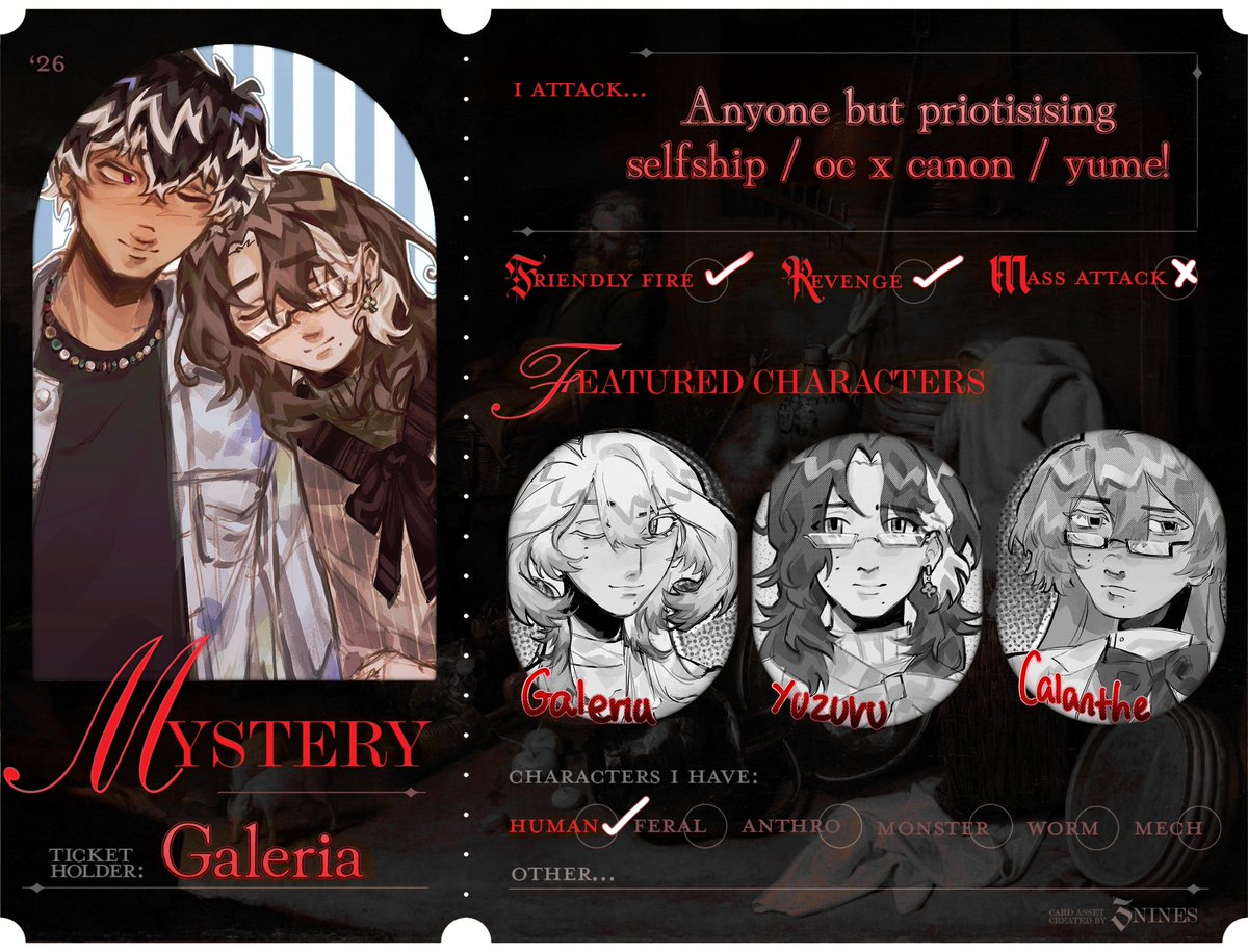 flowertags's tweet photo. #artfight2026 [TEAM MYSTERY] #artfight 

reposting my card because I made a hit-list form!!

https://t.co/ysqrCUmuBa

https://t.co/79Ikg78A5B https://t.co/njOvjhPqxR