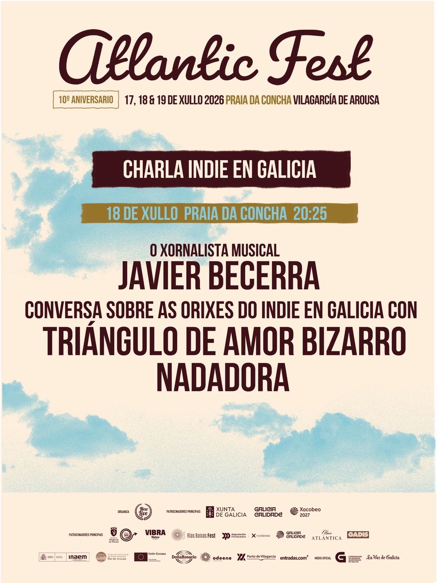Atlantic_Fest's tweet photo. O 18 de xullo, na Praia da Concha, ás 20:25, o xornalista musical Javier Becerra conversará sobre as orixes do indie en Galicia con Triángulo de Amor Bizarro e Nadadora. Non o perdas!

@retroaliment https://t.co/9mbepZVxSc
