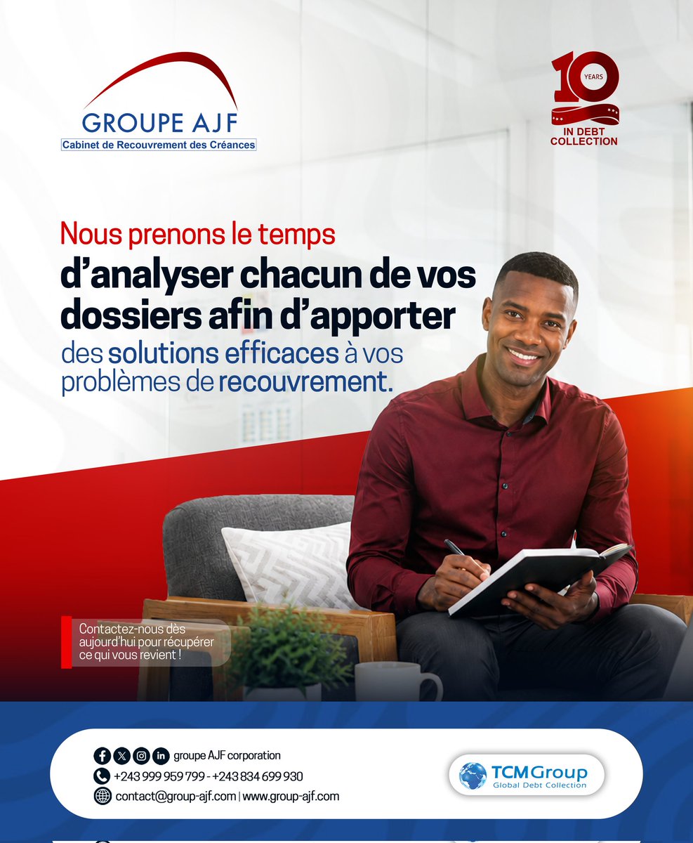 GroupeAjf's tweet photo. Chaque dossier mérite une attention particulière : nous prenons le temps de le comprendre pour optimiser son recouvrement.

👉 Besoin d’accompagnement ? Nos experts sont là pour vous aider.

#recouvrementdescréances #debtcollection #BusinessRDC #Entrepreneuriat #Finance #Gestion #Créances