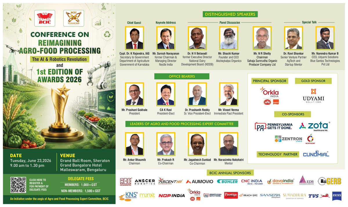 BCIC_Karnataka's tweet photo. 📢 Join BCIC’s Agro-Food Processing Conference & 1st Agro-Food Awards 2026 on 23 June in Bengaluru.
Register: https://t.co/e5YBwV8GXf
#BCIC #AgroTech #FoodProcessing https://t.co/urWTXsHWgj