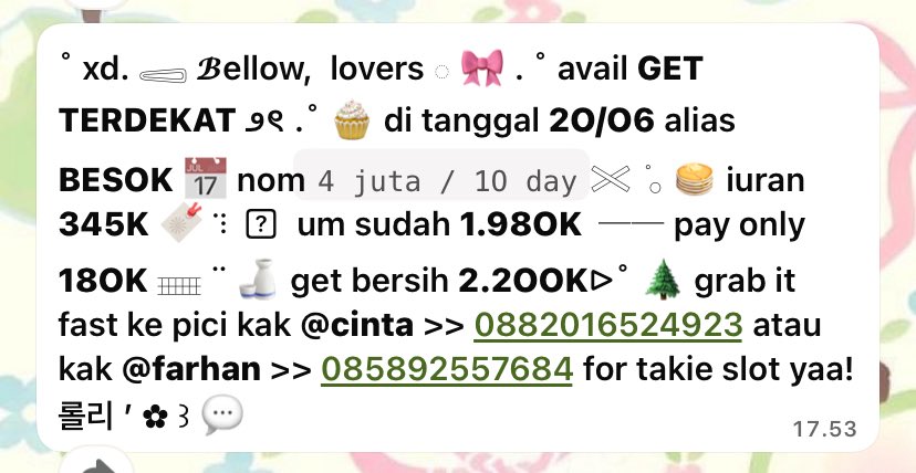 ffeminite's tweet photo. haloo bubbies .. 👋🏻🙇🏻‍♀️🌷 aku avail arisan get besok nom 4jt/10d iuran 345k um 1.980k pay 180k get bersih 2.2jt (blm inc dpa) nihh lovers 💬👩🏻‍❤️‍💋‍👨🏻 yuk yang mau ngajuin pc aku atau join grup guys ☎️👧🏻 #zonauang 229

arisan sicinta🧘🏻‍♀️💗
(🔗 https://t.co/ukJj0bpnnn ) https://t.co/QpZZlqc2U6