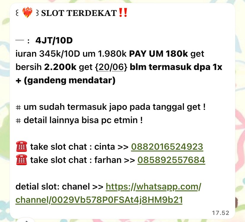 ffeminite's tweet photo. haloo bubbies .. 👋🏻🙇🏻‍♀️🌷 aku avail arisan get besok nom 4jt/10d iuran 345k um 1.980k pay 180k get bersih 2.2jt (blm inc dpa) nihh lovers 💬👩🏻‍❤️‍💋‍👨🏻 yuk yang mau ngajuin pc aku atau join grup guys ☎️👧🏻 #zonauang 229

arisan sicinta🧘🏻‍♀️💗
(🔗 https://t.co/ukJj0bpnnn ) https://t.co/QpZZlqc2U6