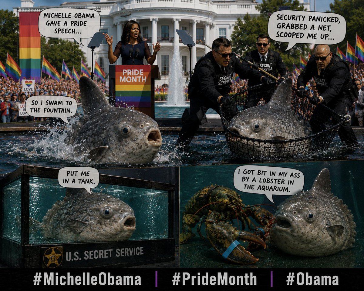 BittenSunfish's tweet photo. Michelle Obama gave a Pride speech, so I swam to the fountain. I popped up near the stage. Security panicked, grabbed a net, scooped me up, put me in a tank. I got bit in my ass by a lobster in the aquarium.
Hashtags: #MichelleObama #PrideMonth #Obama https://t.co/4daGy89PP2
