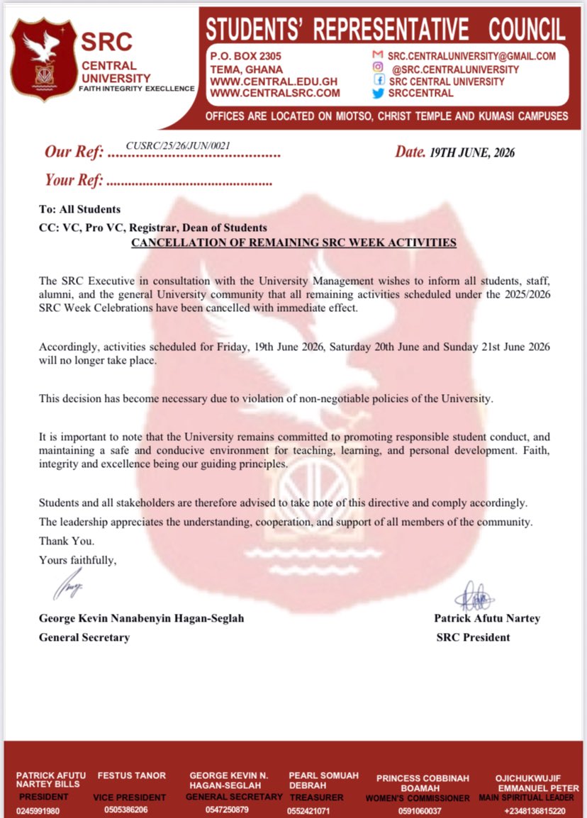 CUSRCExtAffairs's tweet photo. The SRC Executive, in consultation with University Management, wishes to inform the Central University community that all remaining SRC Week 2025/2026 activities have been cancelled with immediate effect.

We appreciate your understanding, cooperation, and continued support. https://t.co/eBs2EMNbXz