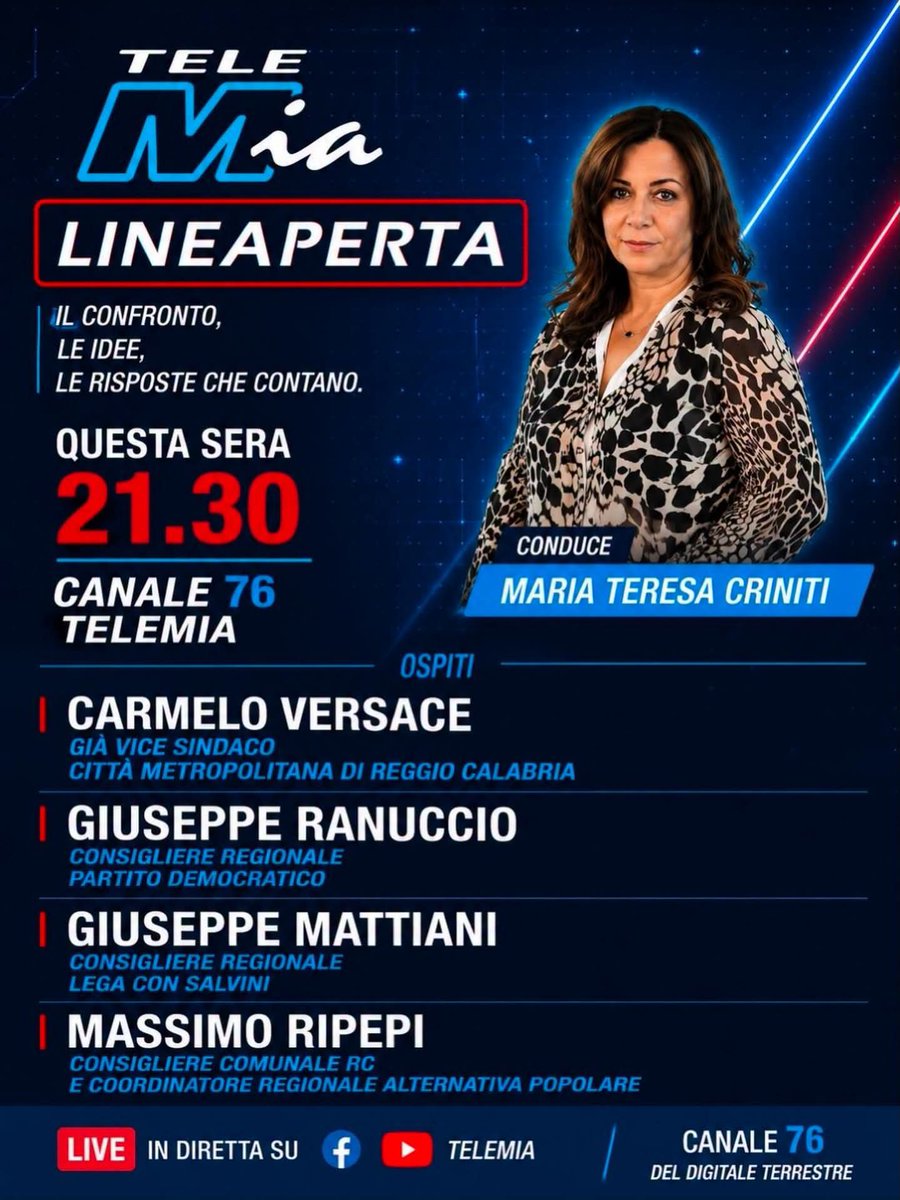 RipepiMassimo's tweet photo. Questa sera sarò ospite della trasmissione #LineaAperta, condotta da Maria Teresa Criniti, in onda su #Telemia Canale 76.

Appuntamento alle ore 21:30, in #diretta #TV e in live streaming sulle pagine di Telemia. https://t.co/caRJ5sn2Fw