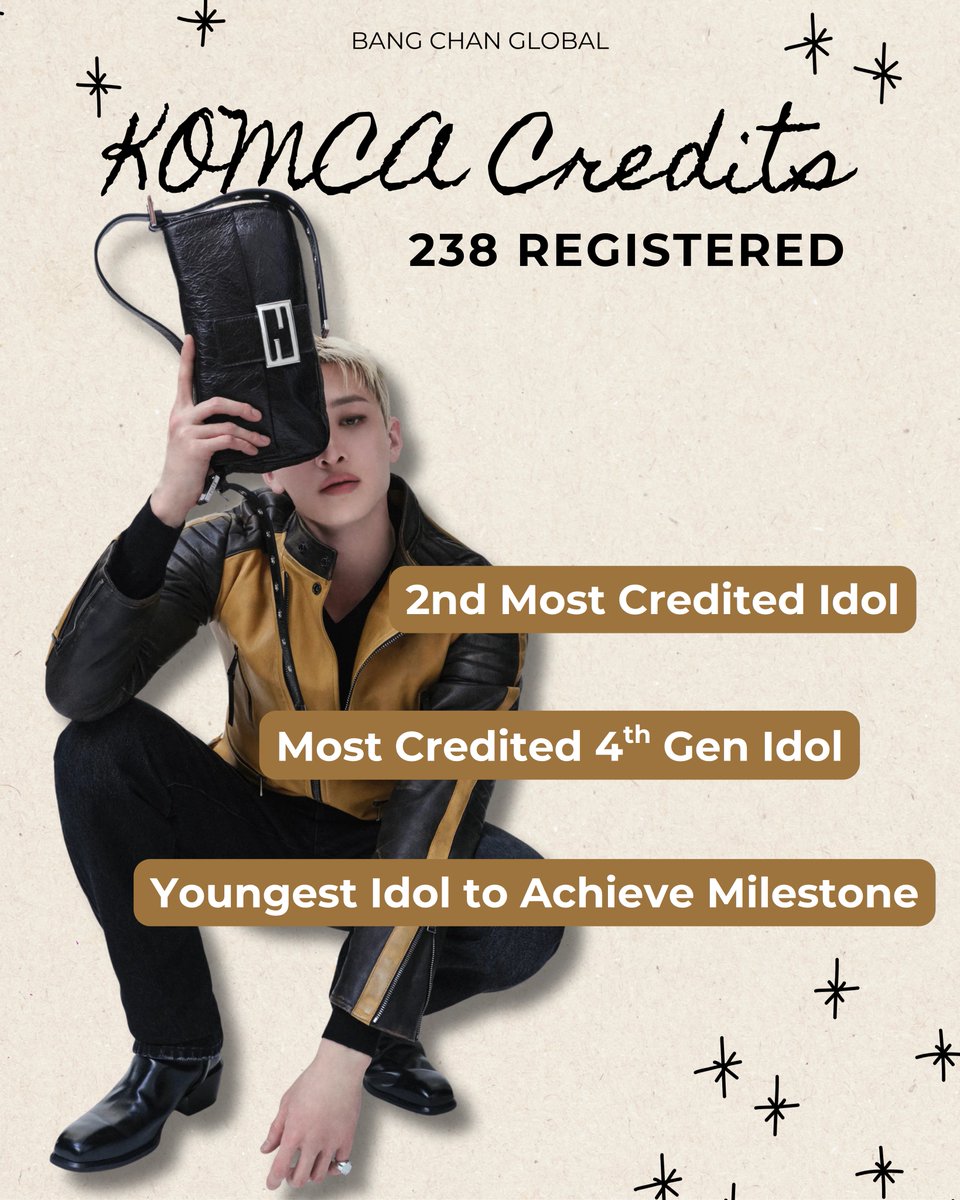 BangChanGlobal's tweet photo. 🏆 | KOMCA published credits for ‘HOOK(훜)’ by MODYSSEY.

🌟 Extending his previous record now with 238 credits, #BangChan remains the 2nd most credited idol, the 4th gen idol with the most credits, AND at 28 - the youngest idol to achieve this milestone!

#방찬 #バンチャン #方灿 https://t.co/QSk4LayLGn