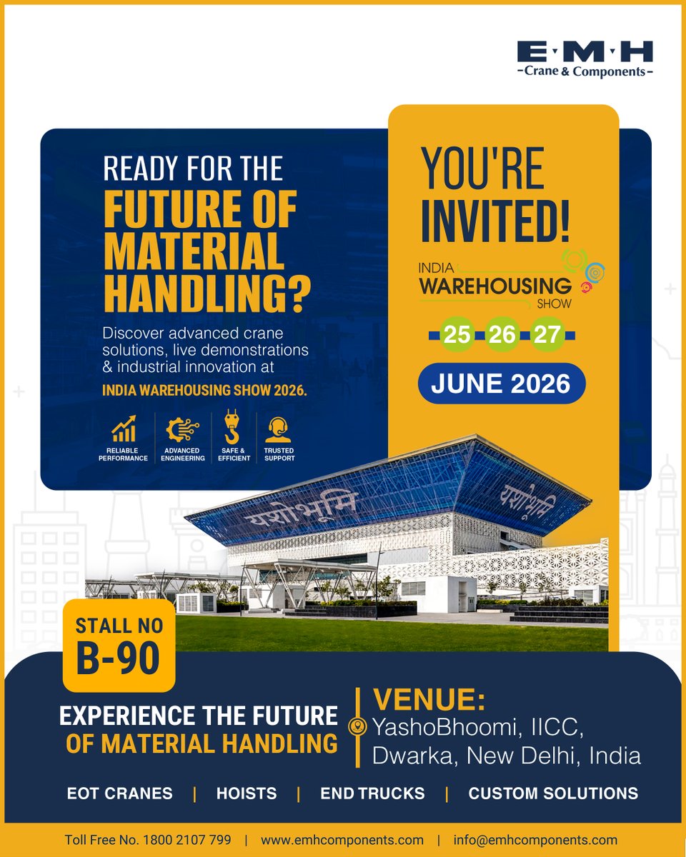 EMH_Crane's tweet photo. Are you ready for the Future of Material Handling?
India's biggest industrial exhibitions — the India Warehousing Show 2026!
📅 Date: 25 – 26 – 27 June 2026
📍 Venue: YashoBhoomi, IICC, Dwarka, New Delhi, India
.
.
.
#IndiaWarehousingShow2026 #MaterialHandling #NewDelhi https://t.co/5zlcD5GU4Y