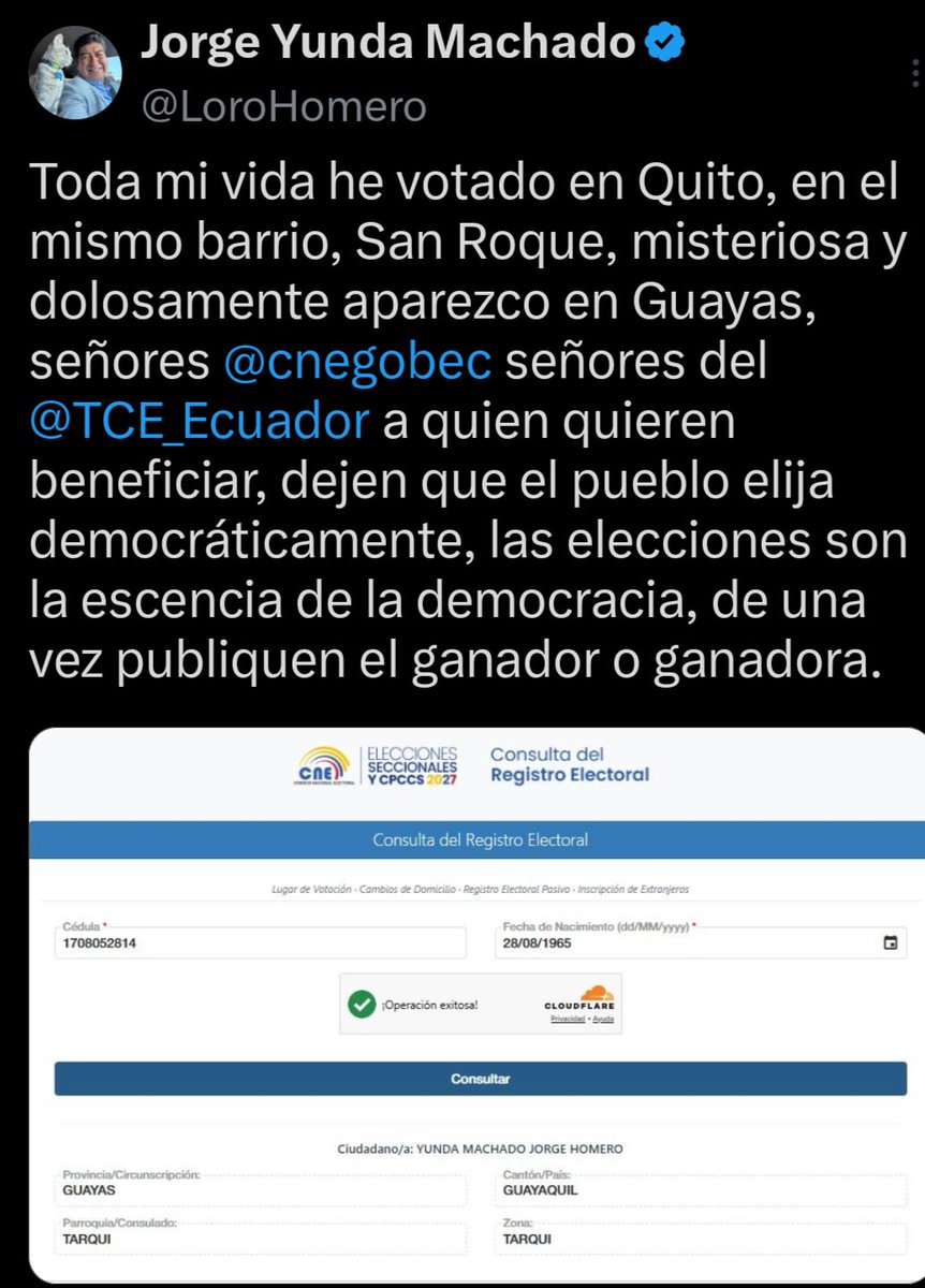 ecuainm_oficial's tweet photo. ‼️#URGENTE
El exalcalde de Quito, Jorge Yunda, denunció que apareció registrado electoralmente en Guayas, pese a que asegura haber votado toda su vida en el barrio San Roque, en Quito. Cuestionó al CNE y al TCE https://t.co/ohdoZQJ8D9