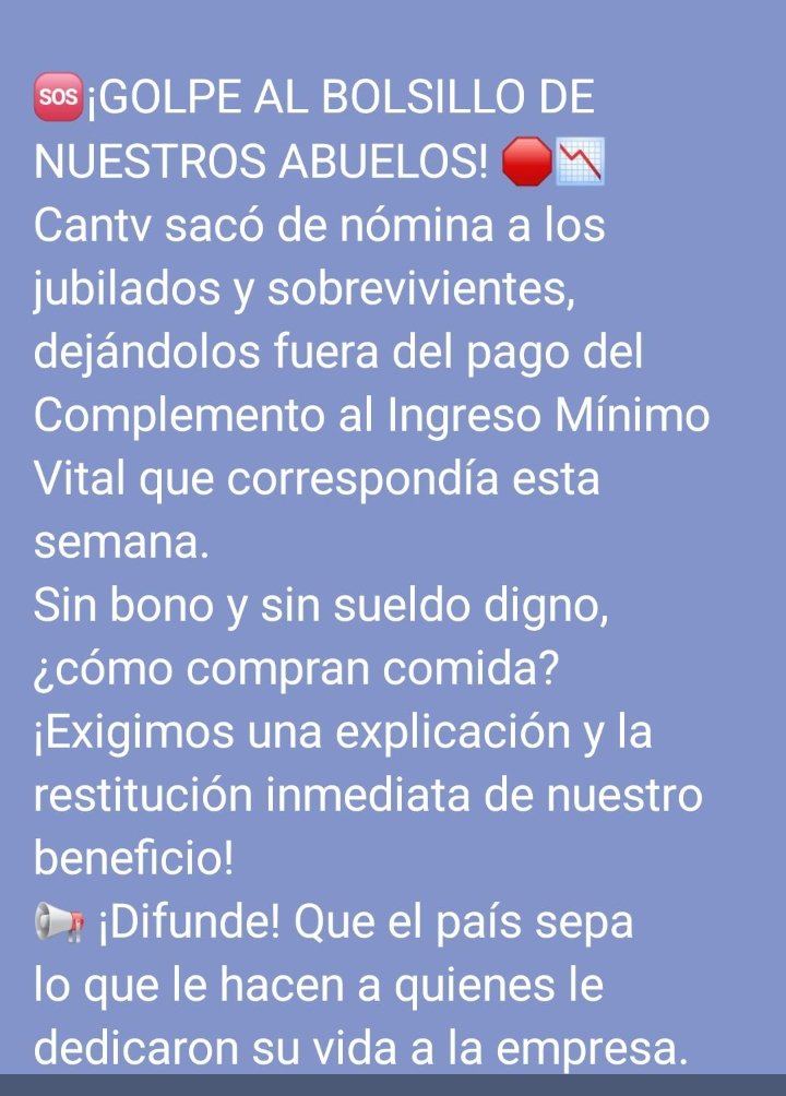 LazaballetNail's tweet photo. .@salaprensaCantv .@ElNacionalWeb .@marcorubio .@DLaraF 
Cantv ha decidido eliminar de manera unilateral y de un solo plumazo el bono de complemento mínimo vital, esto demuestra la gran desconexión con la realidad que vivimos los Jubilados por parte de la directiva de #cantv https://t.co/Efba7mH4Ch