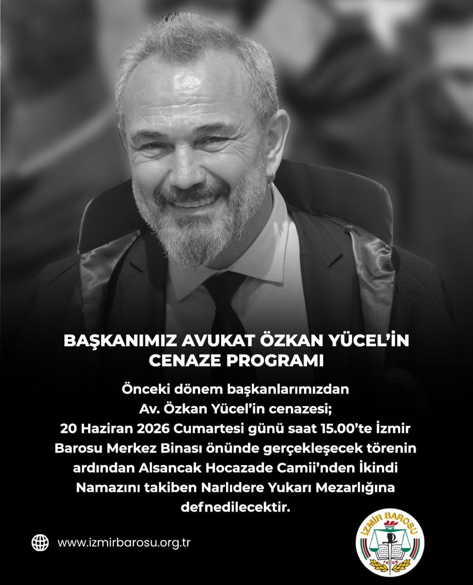 adaletsosyalizm's tweet photo. Özkan Başkanımızın cenazesi; 20 Haziran 2026 Cumartesi günü saat 15.00’te İzmir Barosu Merkez Binası önünde gerçekleşecek törenin ardından Alsancak Hocazade Camii’nden İkindi Namazını takiben Narlıdere Yukarı Mezarlığına defnedilecektir. 
Anısı mücadelemizde yaşayacaktır. https://t.co/uAGt06ZOsb