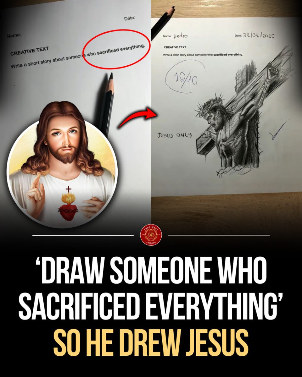 trad_west_'s tweet photo. This art project by Pedroartsdesenhoss is truly amazing. In a made up school project the character he made has to draw someone who sacrificed everything. 

So who does he draw? Jesus Christ.

When the modern world is asked to define absolute sacrifice, it usually points to fictional heroes or flawed historical figures. But the ultimate example is already permanently etched into the foundation of human history.

Given a blank page and the prompt to describe someone who gave up everything, the artist didn't waste time inventing a fictional story. He simply picked up a pencil and illustrated Christ's ultimate sacrifice.

Truly a 10/10