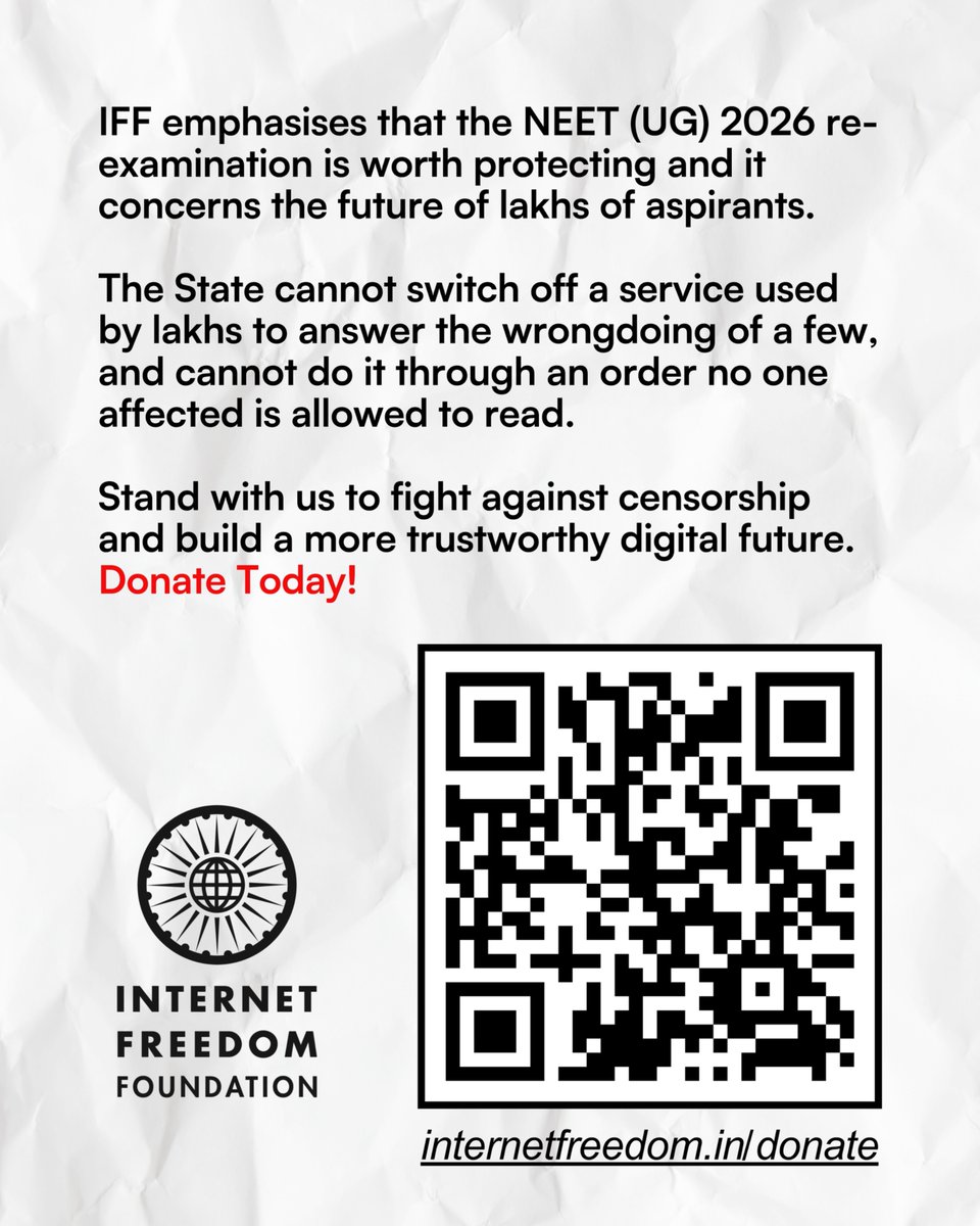 internetfreedom's tweet photo. We’ve moved from fixing systems to banning tools. Banning Telegram is a convenient way to look like the government is doing something without actually doing anything at all.

IFF emphasises that the NEET (UG) 2026 re-examination is worth protecting and it concerns the future of lakhs of aspirants.

The State cannot switch off a service used by lakhs to answer the wrongdoing of a few, and cannot do it through an order no one affected is allowed to read.

Comic by @aaaaadvik