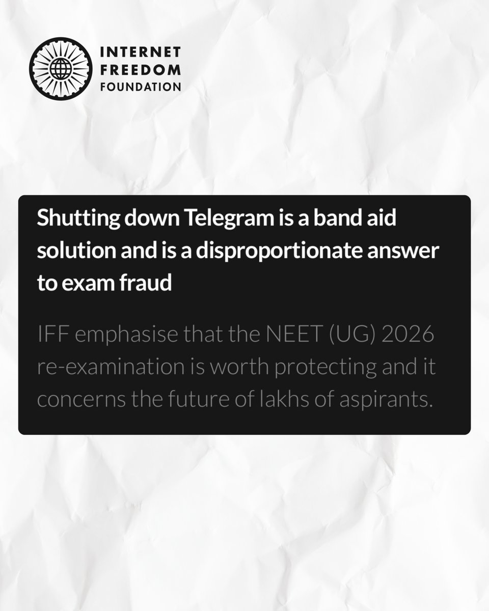 internetfreedom's tweet photo. We’ve moved from fixing systems to banning tools. Banning Telegram is a convenient way to look like the government is doing something without actually doing anything at all.

IFF emphasises that the NEET (UG) 2026 re-examination is worth protecting and it concerns the future of lakhs of aspirants.

The State cannot switch off a service used by lakhs to answer the wrongdoing of a few, and cannot do it through an order no one affected is allowed to read.

Comic by @aaaaadvik