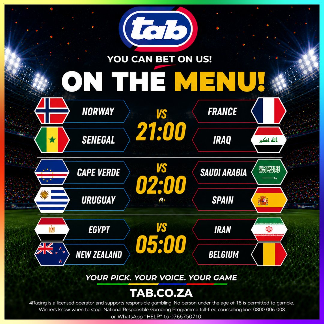 soccer6za's tweet photo. 🍽️⚽ On the Menu tonight: World Cup football at its finest!

Haaland
Mbappe
Mane
Salah
Yamal
Lukaku

Six fixtures. Plenty of drama. One unforgettable night.

🌐 https://t.co/uE0IUgTjVy

🔞 18+ only. Ts &amp; Cs apply. Bet responsibly.

#TABSoccer #WorldCup https://t.co/MwQ0wdMv9y