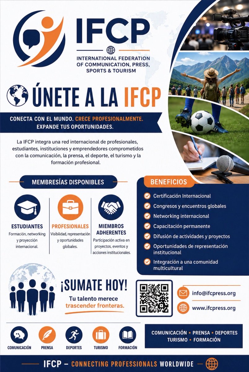 ifcpress1's tweet photo. 🌍 ÚNETE A LA IFCP
INTERNATIONAL FEDERATION OF COMMUNICATION, PRESS, SPORTS &amp; TOURISM

MEMBRESÍAS DISPONIBLES
🎓 Estudiantes
👔 Profesionales
🤝 Miembros Adherentes
BENEFICIOS
✅ Certificación Internacional
✅ Congresos y encuentros 
✅ Capacitación permanente
¡SUMATE HOY! https://t.co/2JR0DeW40f