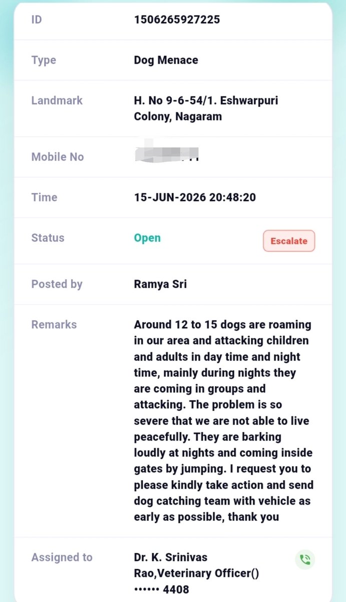 Moscow6666666's tweet photo. @GHMCOnline @DcGhatkesar 

I have raised a complaint in My CURE App on June 15th regarding dog menace. Around 10 to 15 stray dogs are attacking children, people going on bikes, and creating a sense of fear. Dog catchers called and saying that they are coming and asked location. https://t.co/3GKsPMSQ6D