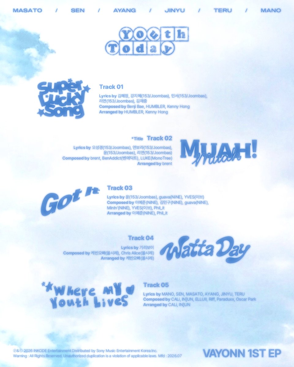 VAYONN_inkode's tweet photo. VAYONN(베이온) 1ST EP [Youth Today]
Track List

#VAYONN #베이온
#Youth_Today https://t.co/toH7CjuJjD