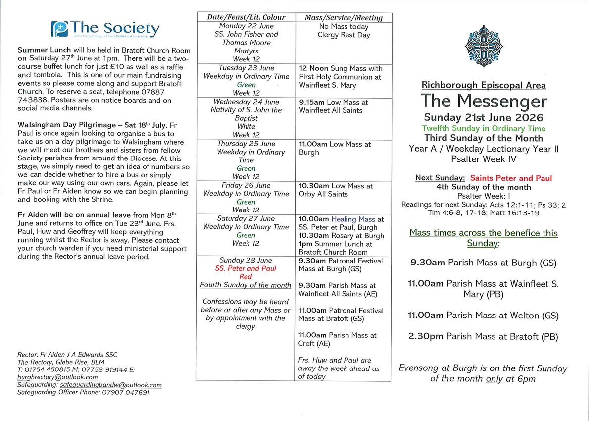 burghrectory's tweet photo. Hi Everyone

Here is 'The Messenger' for Sun 21st June and for the week thereafter.  This lets you know what's happening around our benefice for the next week with parish notices, Mass times etc.

Assuring you all of our prayers

The Clergy and Wardens https://t.co/D586SlgF2w