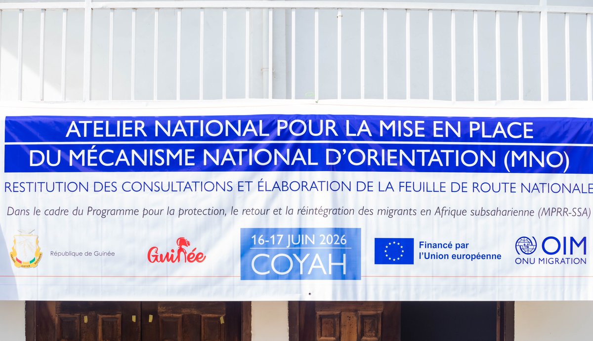 OIMGuinee's tweet photo. Guinea 🇬🇳 is advancing a national referral mechanism for returning migrants. On 16–17 June, 45 stakeholders joined a national workshop to shape the roadmap with @GouvernementGN and @PrimatureGN, under the EU-funded #MPRRSSA programme supported by @EU_Partnerships and @UEenguinee. https://t.co/est4jzZZmu