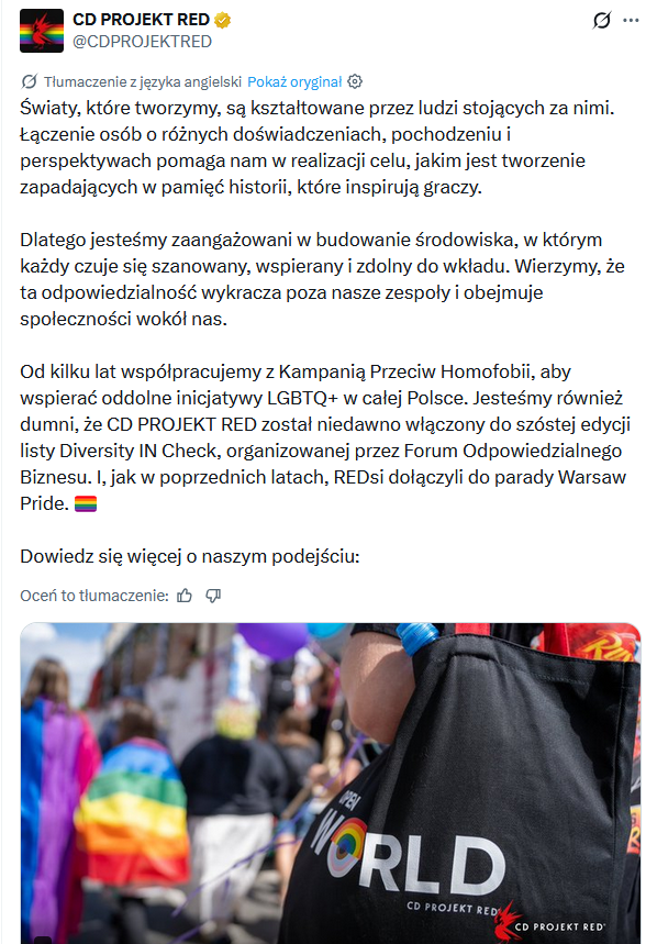 UnpluggImage's tweet photo. CD Projekt @CDPROJEKTRED blokuje wszystkich, którzy krytykują ich politykę odnośnie "miesiąca dumy".

Niestety polska firma wprowadza cenzurę i traci przez to rzesze fanów. Gry już nie są najważniejsze, kiedy na pierwszym planie pojawiła się ideologia. https://t.co/0WoFReS9B5