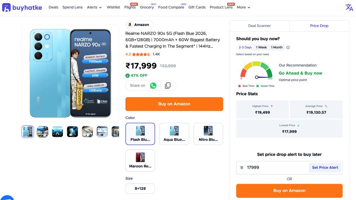 BuyHatke's tweet photo. EPIC HATKE STEAL ALERT!

Realme NARZO 90x 5G (Flash Blue, 6GB+128GB) at its LOWEST EVER price ₹17,999 on Amazon!

Highest: ₹19,499 
Lowest: ₹17,999 (47% OFF) 🔥

Deal Score: 7000mAh battery + 60W fast charging at the lowest price it’s ever hit 🤙 https://t.co/pnAPbVBthg