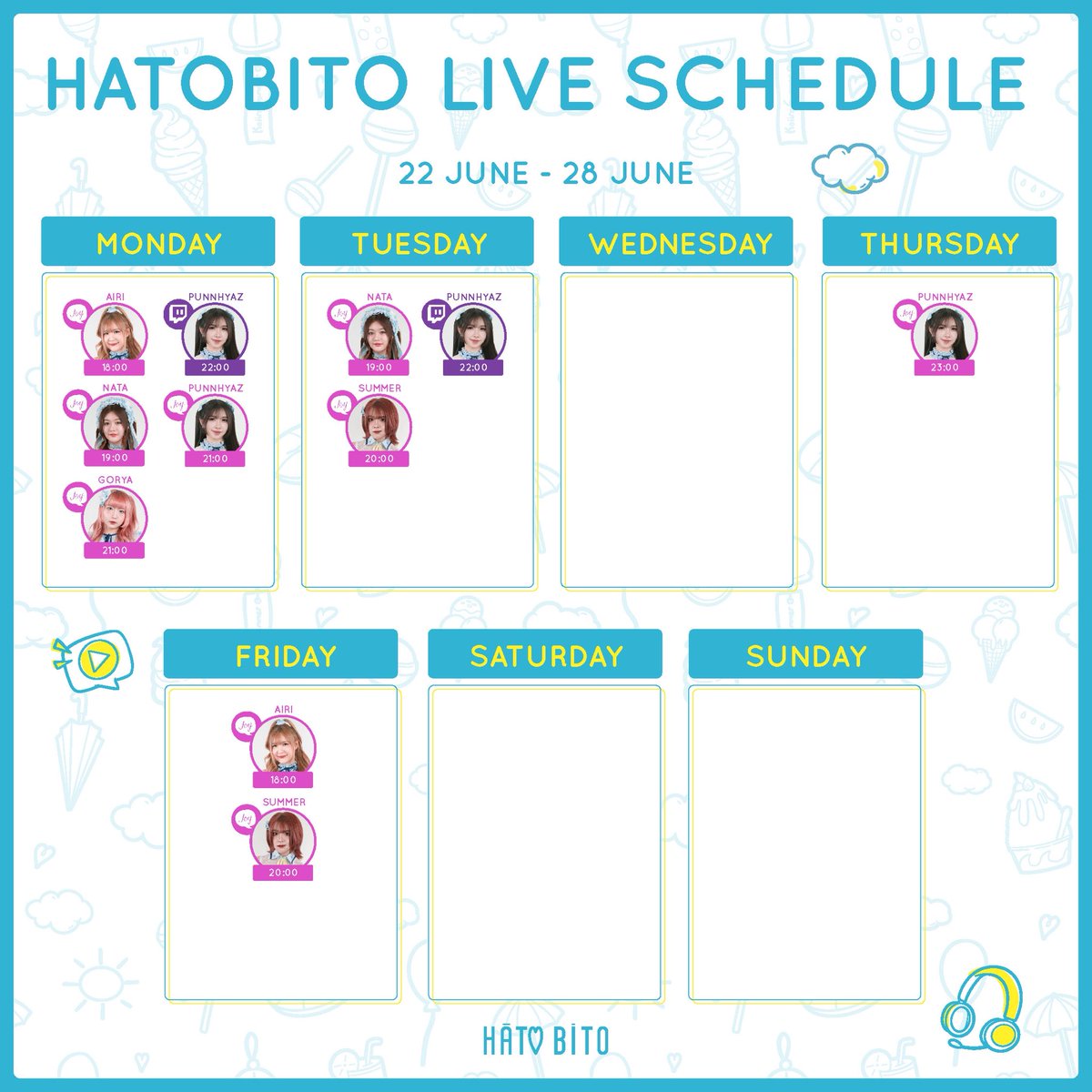 HatoBito_TH's tweet photo. ✨ HatoBito
: Live on TWITCH & JOYLADA :
Schedule 22 June - 28 June
˚ʚ♡ɞ˚--------------------˚ʚ♡ɞ˚
: SNS :
▶ https://t.co/KHj2miiCj6
#HatoBitoKoiiroSummer #HatoBito #ALotOfTone
#Twitch #TwitchTH #JoyladaOfficial #Joylada #จอยลดา
#Joydom #JoyMagazine https://t.co/lPHEt7j4tt