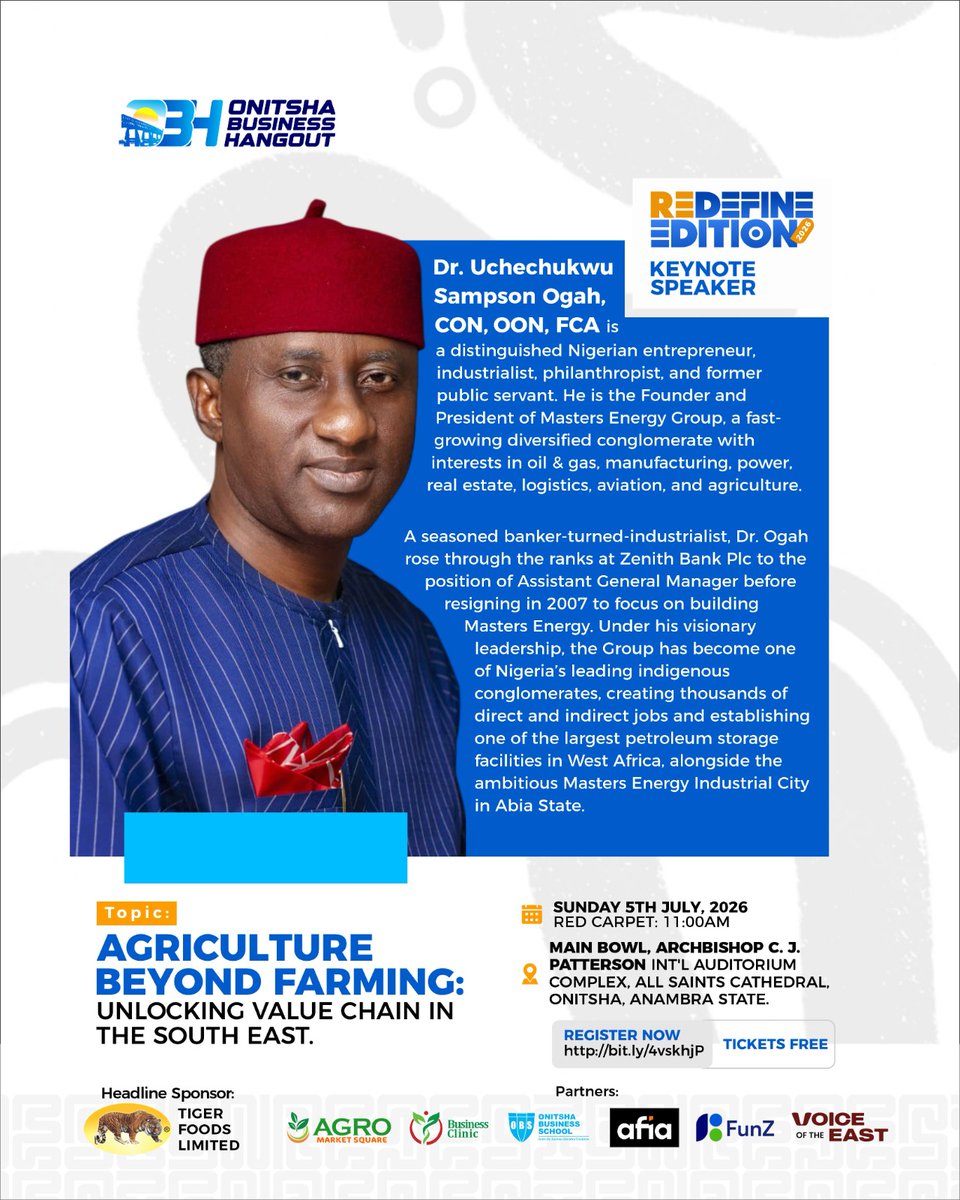 OgbajiIfeanyi's tweet photo. What do you know about Dr. Uche Ogah?

You want to hear, learn, network, connect with him, then make plans to attend the Redefine Edition of Onitsha Business Hangout @OBHNG_.

This can be your answered prayers.

#OBHXTigerFoods
#RedefineEdition
#RedefineOnitsha
#OnitshaBusinessHangout