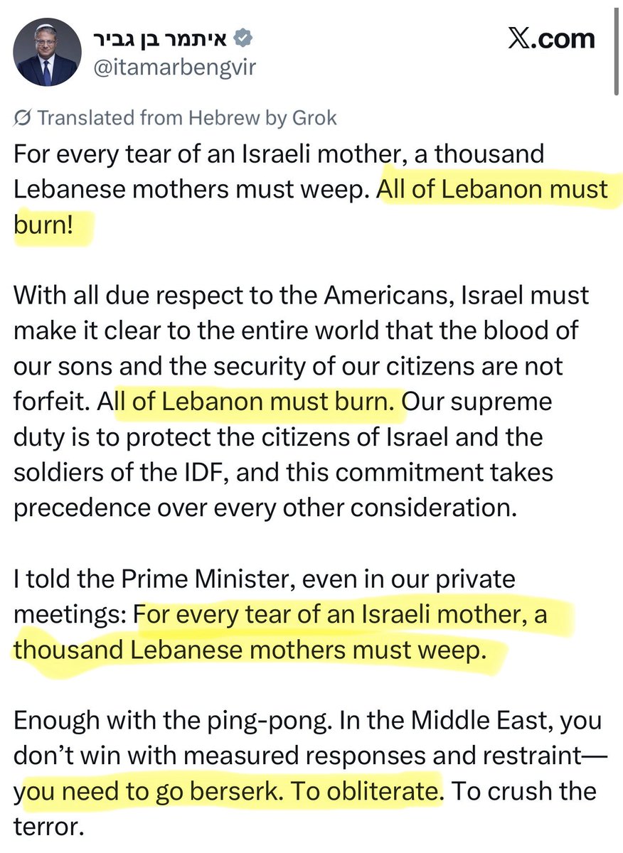 TheTNHoller's tweet photo. Israel’s unhinged national security minister says “all of Lebanon must burn” and “you need to go berserk. To obliterate.”

4 IDF soldiers were just reportedly killed as Israel continues to attack Lebanon— clearly trying to make a peace deal with Iran impossible. https://t.co/bufn5j4NxA