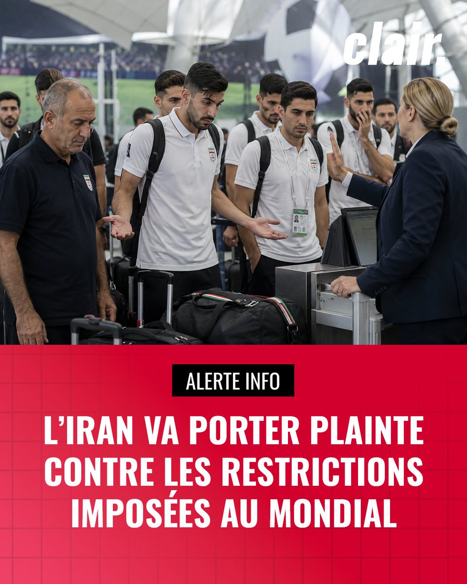 Clair_officiel's tweet photo. La Fédération iranienne de football annonce qu’elle va porter plainte auprès de la FIFA en raison des « restrictions » imposées à sa sélection pendant le Mondial 2026. Après le refus américain d’accorder des visas à certains membres de l’encadrement, l’équipe iranienne affirme qu’elle ne pourra arriver à Los Angeles qu’un jour avant son match contre la Belgique, au lieu des deux jours demandés. Téhéran estime que cette mesure nuit à sa préparation et contrevient à l’égalité entre les équipes. (AFP)