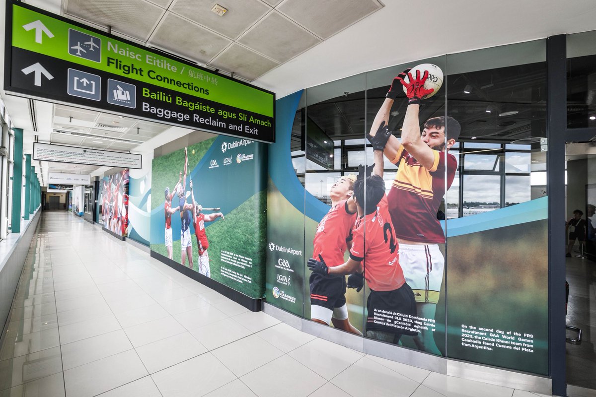 Large GAA graphics line the walls of Pier 3 arrivals in Terminal 1 as part of Dublin Airport’s new permanent Gaelic games exhibition.