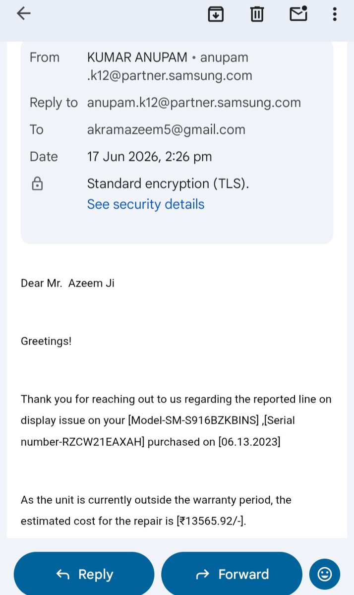 AjeemX5's tweet photo. Ramnagar Service Centre confirmed ZERO physical damage (Job Sheet: 4437042027). Why penalize a loyal customer for a faulty update when other brands like Apple take full responsibility? NCH Case 9492344 is active. Fix this for free! @SamsungMobile @consaffairs https://t.co/SiEjQYpnMz