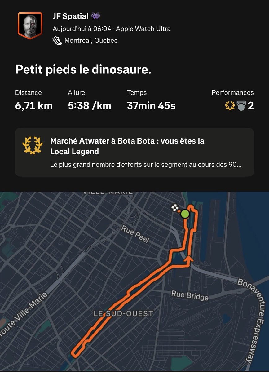 jf_spatial's tweet photo. D’après Strava, je suis désormais le « local legend » du segment Marché Atwater - Bota Bota 🤣. N’importe quoi, mais ça mérite quand même une saucette matinale. #joggingmatinal https://t.co/4kTXf5vlZg