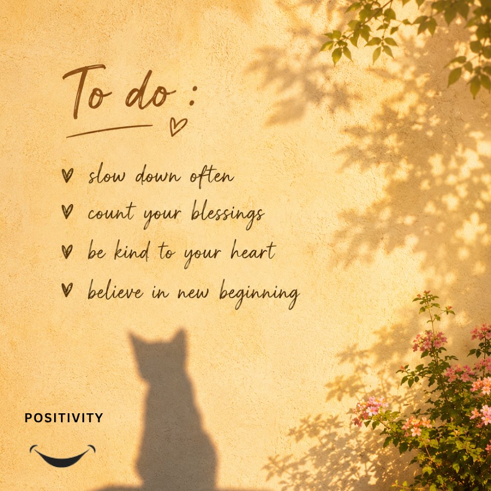 PositivitySaid's tweet photo. To Do: A Gentler Life 

Slow down often.
Not everything needs to happen today. Give yourself permission to pause.
Count your blessings.
There is beauty in the little things you might be overlooking.
Be kind to your heart.
Speak to yourself with the same compassion you offer others.
Believe in new beginnings.
Every sunrise is proof that fresh starts are always possible.