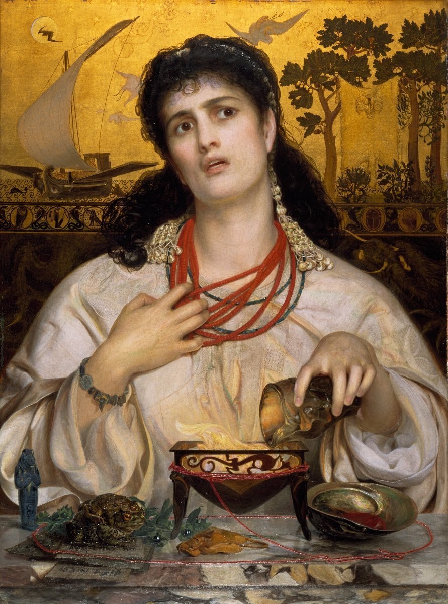 ClassicalMyths's tweet photo. A heartsick Medea is at her magic, readying a killer spell as Jason sails away in the background. Distraught and enraged, she pulls at her necklace and pours a lethal liquid. 

Medea (1868) by Frederick Sandys (1829-1904). Birmingham Museum &amp; Art Gallery. https://t.co/ccEf3a1zqM