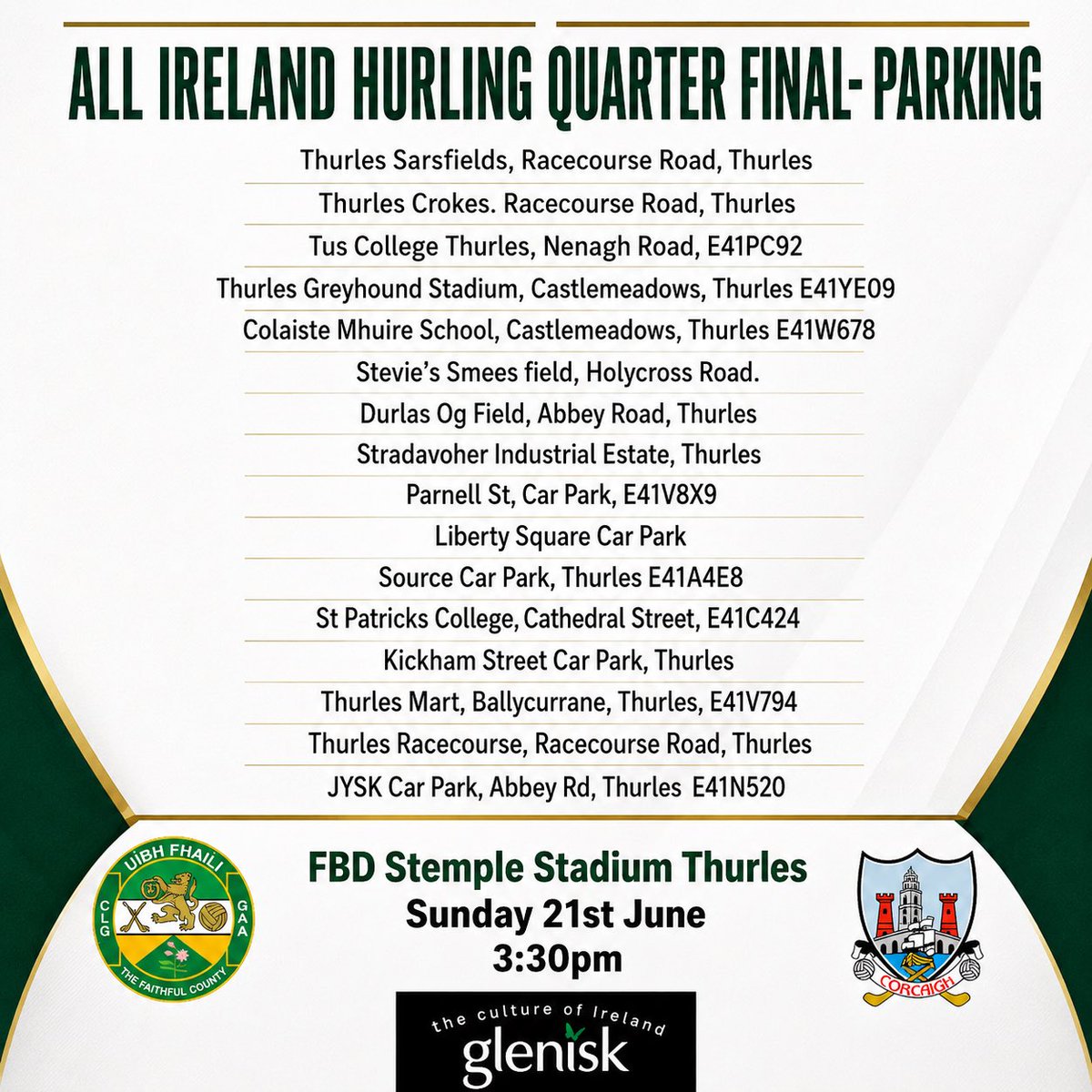 Offaly_GAA's tweet photo. Parking Update for Thurles this Sunday June 21st 2026. 

🟢⚪️🟡 https://t.co/ff21C5fSfR