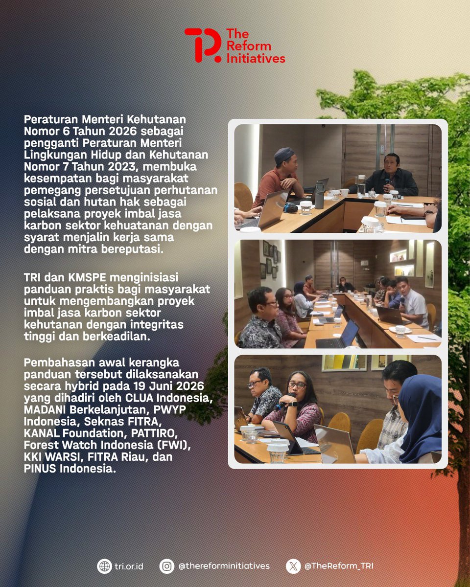 TheReform_TRI's tweet photo. Peluang baru bagi masyarakat pemegang persetujuan perhutanan sosial! Peraturan Menteri Kehutanan No 6 Tahun 2026 membuka jalan untuk menjadi pelaksana proyek imbal jasa karbon.@thereforminitiatives dan KMS-PE siap memfasilitasi dengan panduan praktis untuk memastikan kolaborasi https://t.co/pmuyGNILIO