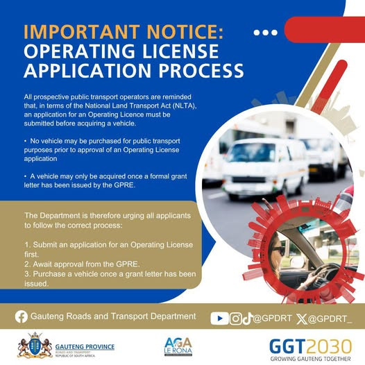 GPDRT_'s tweet photo. IMPORTANT NOTICE: OPERATING LICENSE APPLICATION PROCESS

All prospective public transport operators are reminded that, in terms of the National Land Transport Act (NLTA), an application for an Operating Licence must be submitted before acquiring a vehicle.
•⁠ ⁠No vehicle may be purchased for public transport purposes prior to approval of an Operating License application
•⁠ ⁠A vehicle may only be acquired once a formal grant letter has been issued by the GPRE.

#TacklingG13 #GrowingGautengTogether