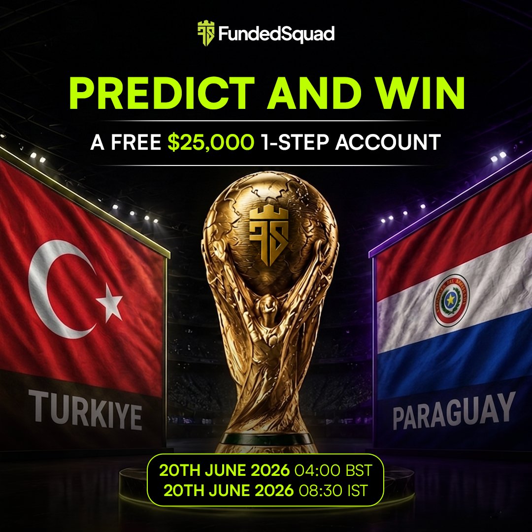 fundedsquad's tweet photo. 🏆 TÜRKIYE 🆚 PARAGUAY 🏆

We're giving away 1x FREE $25,000 1-Step funded account! 💸

All you need to do is guess the exact final score. 

Best of luck! ⚽

🕗 KICKOFF
🇬🇧 20 June 2026 — 05:00 BST
🇮🇳 20 June 2026 — 08:30 IST

🎯 HOW TO ENTER

1️⃣ Follow @fundedsquad & @ajwadthefalcon 

2️⃣ Like & Repost this post 🔁
→ https://t.co/w8pwQn1byo

3️⃣ Comment your winner + final score before kickoff 🗣️

1 winner will be selected. 🏁
