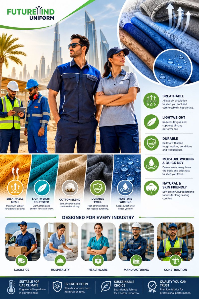 sara_sarak7899's tweet photo. Choosing the right fabric can make a huge difference in employee comfort, safety, and productivity.
Learn how to choose the best workwear fabrics for your business.
🔗https://t.co/IdhCcKNsWo
#UniformsUAE #UniformSupplierDubai #FutureMindUniforms https://t.co/6bKLEI5zJO
