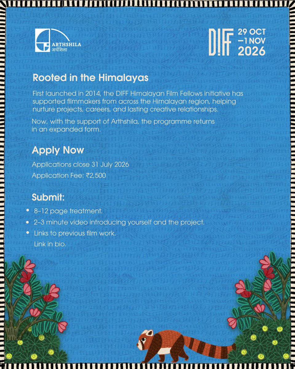 DIFFindia's tweet photo. We are so delighted to announce that the DIFF Himalayan Film Fellows Programme is returning, this time with the support of Arthshila!

Applications are now open until 31 July. We invite filmmakers to apply via https://t.co/18L10OvkwN https://t.co/8BrS1JPmr4