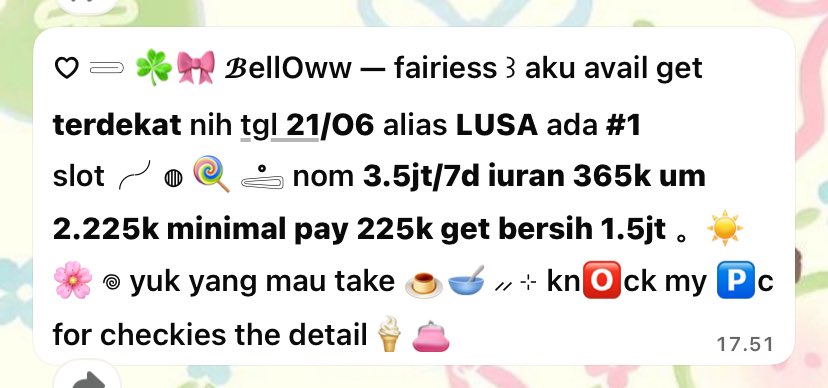 versaqcee's tweet photo. halooo fairieess .. 👧🏻🥣🫧 aku avail arisan get lusa nom 3.5jt/7d iuran 365k um 2.225k pay 225k get bersih 1.5jt nihh 🥨🌷 yuk yang mau take bisa pc atau join grup bubbsie 📞🙇🏻‍♀️💭 #zonauang 

ars by fairiemeng 🎀
(🔗 https://t.co/PZCDNicx5c ) https://t.co/UJHbJFqbVL