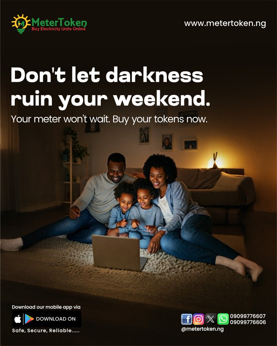 Metertokenng's tweet photo. Your weekend should end when you say so, not when your meter runs out of units.

Top up your electricity tokens in seconds with MeterToken and enjoy uninterrupted power all weekend.
#MeterToken #StayPowered #ElectricityToken #WeekendVibes https://t.co/Cg1S5vROgI