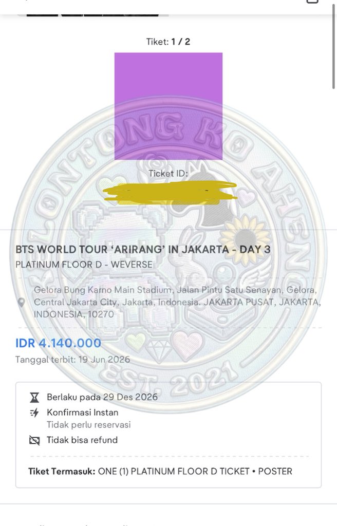 hyuckaheng's tweet photo. Hihihi senangnyaaa hari ini secured platinum &amp; cat 1 🤩 #proofKKA

Proof BTS ARIRANG JAKARTA ADD SHOW day 3 army membership💜🫶🏻 https://t.co/lDgMZl869q